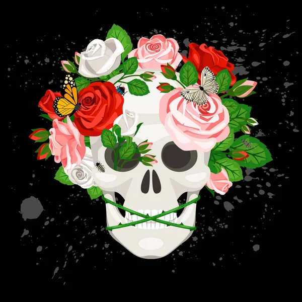 Calavera Humana Blanca Aislada Del Vector Las Rosas Diferentes Agradables — Vector de stock