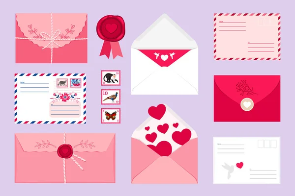 收集不同的信封 邮票及印章 — 图库矢量图片