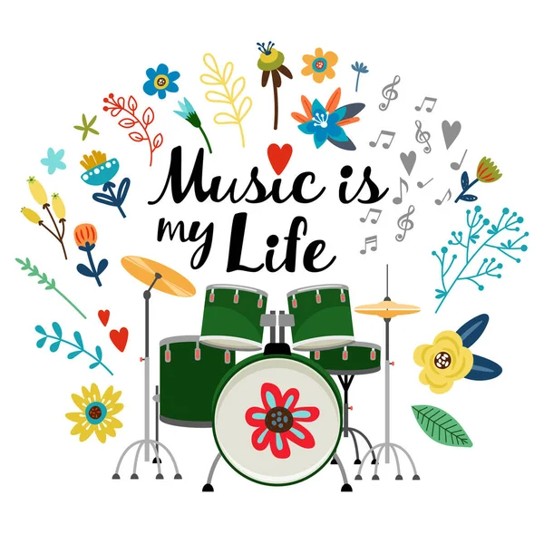 Greeting card with drums, flowers and twigs Royalty Free Stock Vectors
