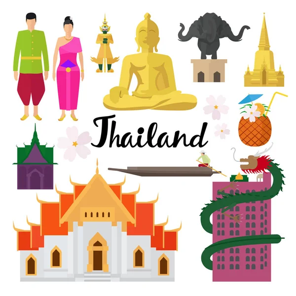 Set of Thailand Landmarks and traditional costume — Stock Vector