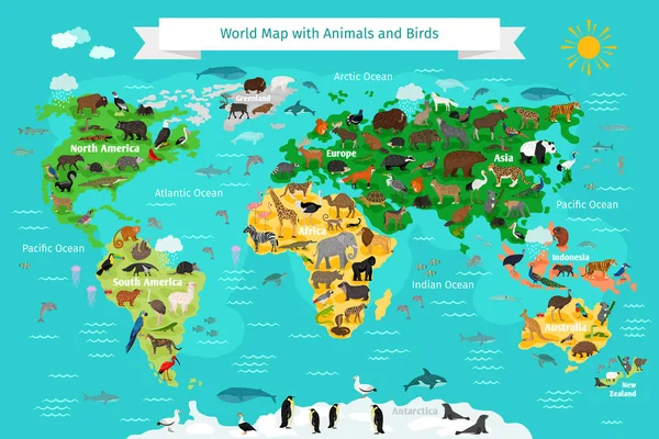 World Map with wild Animals and Birds vector set — Stock Vector