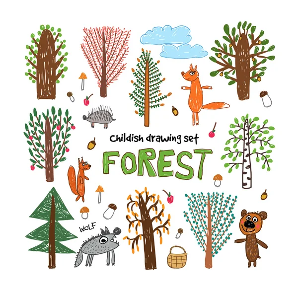 ชุดภาพวาดเด็กเกี่ยวกับป่าที่มีต้นไม้และสัตว์ — ภาพเวกเตอร์สต็อก