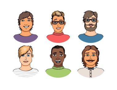 Renkli erkek Karikatür yüzler kalabalık doodle koleksiyonu avatarları