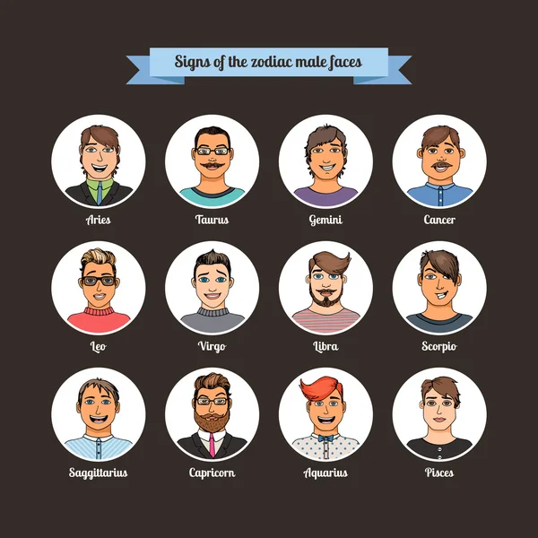 Set de vector visages personnes dessinées à la main. Signes du zodiaque. — Image vectorielle