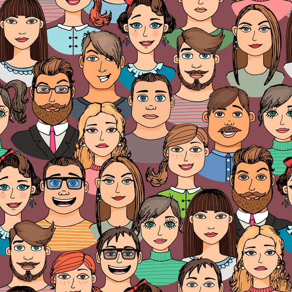 Karikatür yüzler kalabalık seamless modeli çizilmiş doodle
