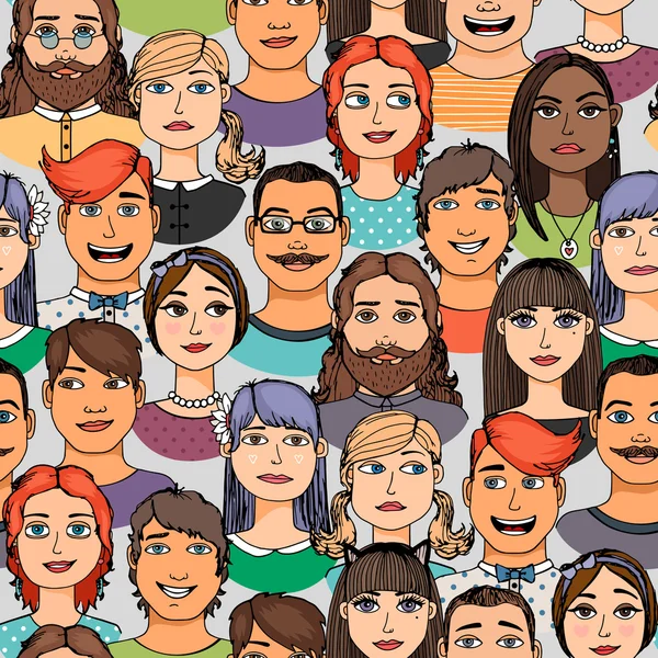 Karikatür yüzler kalabalık seamless modeli çizilmiş doodle