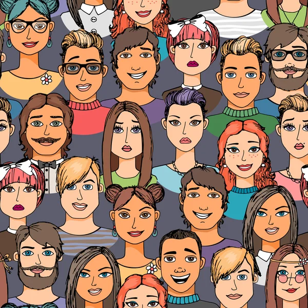 Karikatür yüzler kalabalık seamless modeli çizilmiş doodle