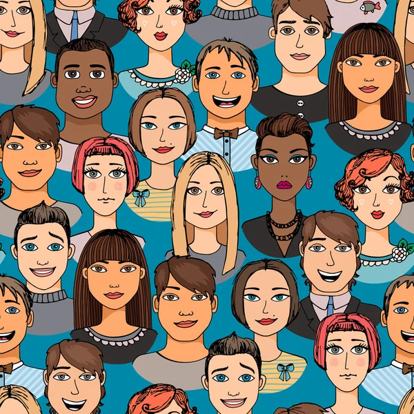 Karikatür yüzler kalabalık seamless modeli çizilmiş doodle