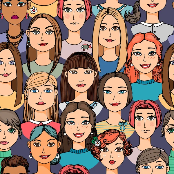 Tłum twarze kobiety kreskówka doodle rysowane ręcznie wzór — Wektor stockowy