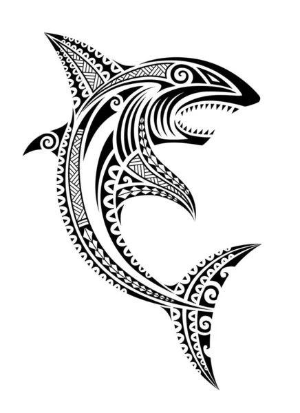 Ikan Hiu Gaya Tato Polinesia Maori Sketsa Vektor Gaya Ethno - Stok Vektor