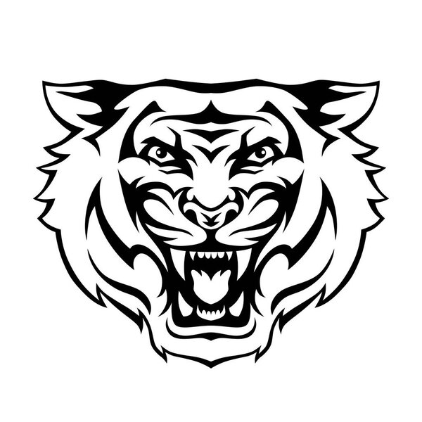 Angry tiger roaring head face. Vector illustration for print, poster, sticker, logo, tattoo, emblem. Black and white.