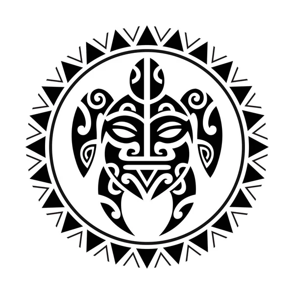 Zeeschildpad Gezicht Maori Stijl Tatoeëren Schets Ronde Cirkel Ornament — Stockvector