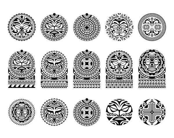 Sada Tetování Skica Maori Styl Kolo Rameno Slunečními Symboly Hákovým — Stockový vektor