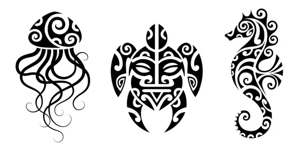 Набор Татуировки Стиле Маори Морские Животные Черепаха Морской Конёк Медуза — стоковый вектор