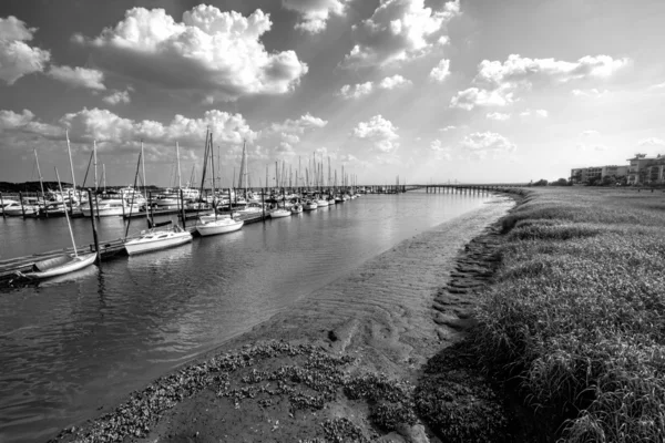 Georgië kust graslanden en zeilboot landschap 2 zwart en wit — Stockfoto