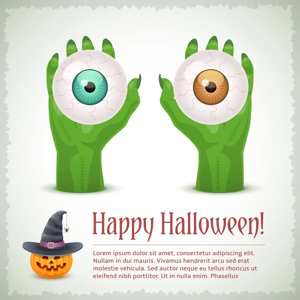 Carta felice Halloween con due mani che tengono gli occhi — Vettoriale Stock