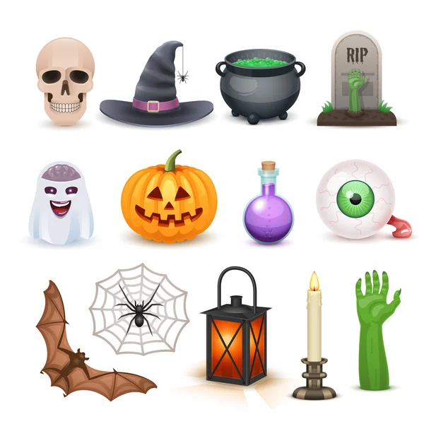 Elementos de Halloween felizes isolados no branco Ilustrações De Stock Royalty-Free