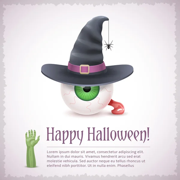 Feliz tarjeta de Halloween con un ojo de bruja en el sombrero . Vector de stock