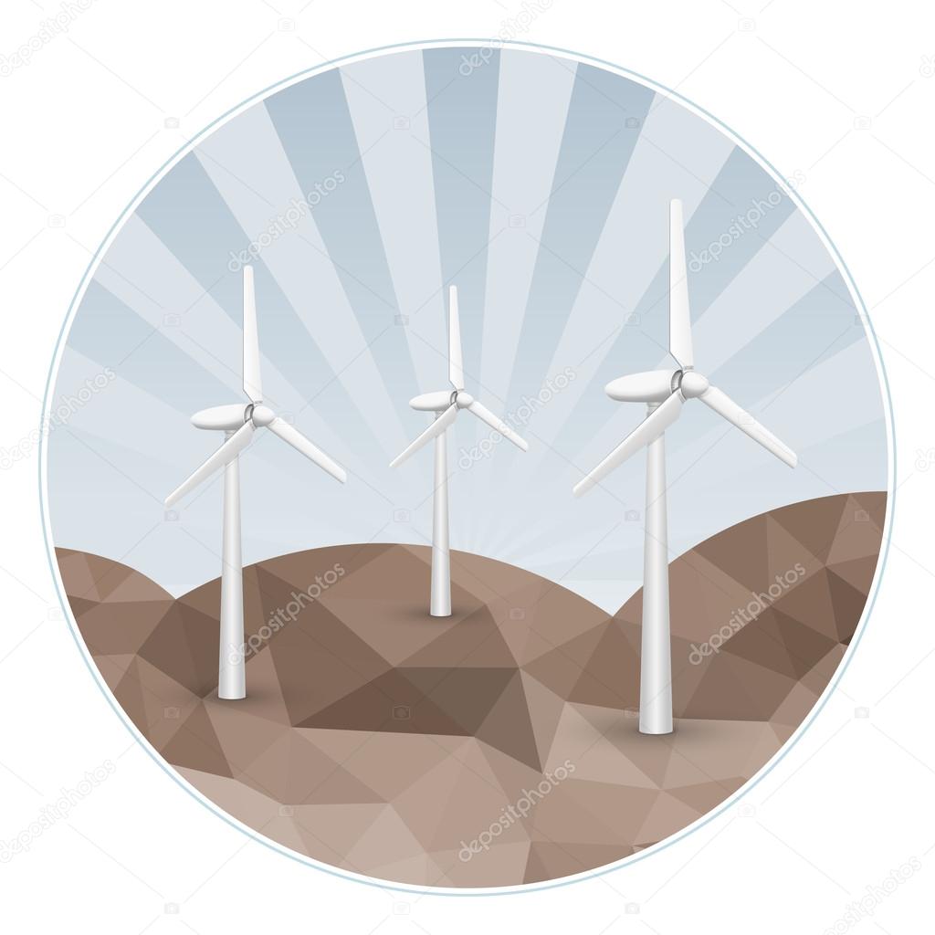 Three wind turbines on rocks.