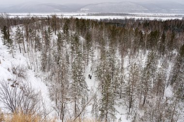 Ormanların, dağların ve insan figürlerinin kış manzarası.