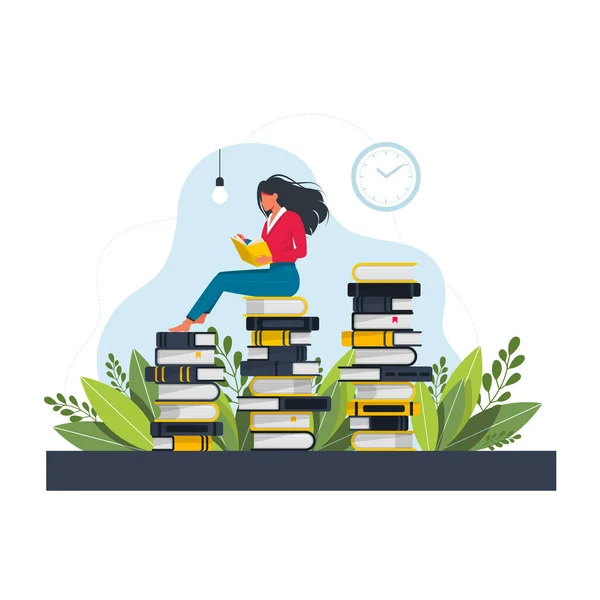 Young woman sitting and reading on a huge stack of books. Cartoon flat vector illustration isolated on white background. Student reading book and learning. Girls pastime, leisure or hobby.