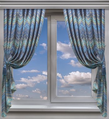 Çizgili perdeler mavi gökyüzü ve ışık bulutlar bakan pencere süslemeleri