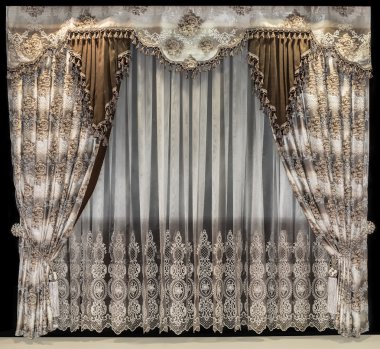 Luxurious interior design. Bilateral curtains with floral pattern. Delicate tulle and a pelmet with fringed clipart