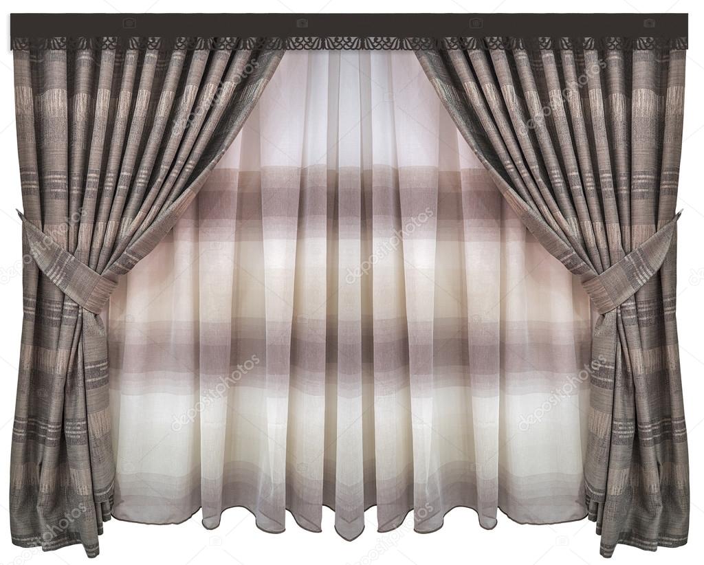 Classic interior design. Dense striped curtains of the wool, a tulle - companion and the openwork pelmet. Isolated on white background