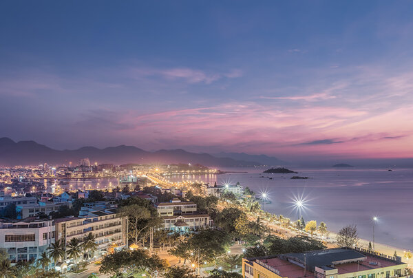 Vietnam, Nha Trang. 8 May 2015. Panorama. Night view of the city from the roof.