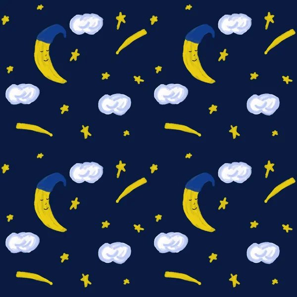 Seamless pattern with stars and the moon with clouds, star pattern, moon and stars decorations.