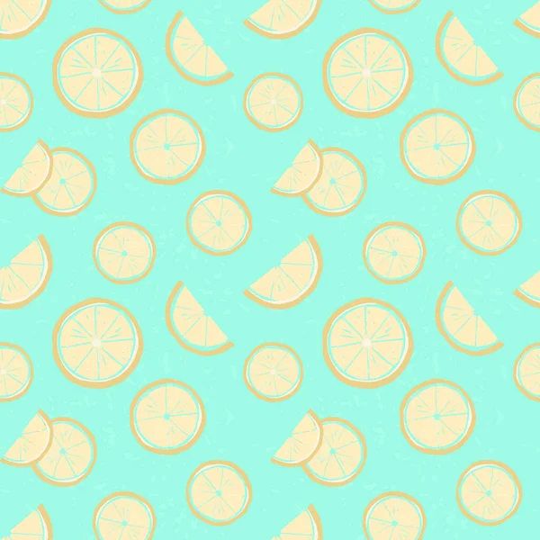 Nahtloses Vektormuster, Scheiben gelber Zitrone auf türkisfarbenem Hintergrund. Nettes Design für Drucke, Tapeten, Stoffe oder Packpapier — Stockvektor