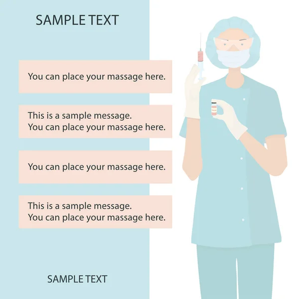 Ärztin in medizinischer Brille und Maske mit Impfstoffampulle und Spritze. Infografiken zur Impfung. Maßnahmen zur Verhinderung von Coronavirus und Grippe. Vektorflache Illustration mit Platz für Text — Stockvektor