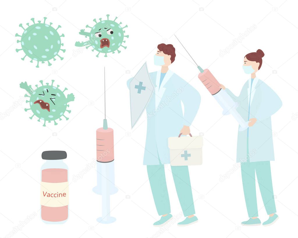 Set on the topic of vaccination against coronavirus infection. Female doctor with syringe. Male doctor with shield protects against coronavirus. Ampoule with vaccine. Vector flat illustration.