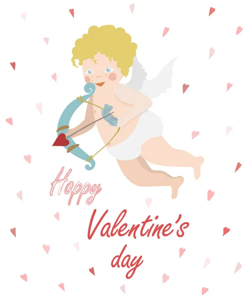 Flying baby Cupid with bow and arrow. Valentines Day card, flyer or poster design. Vector flat illustration. — Stock Vector