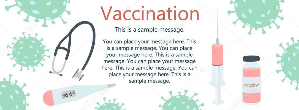 Horizontal banner on the topic of vaccination against coronavirus with space for text. Design for website or social networks. Vector flat infographics illustration on white background.
