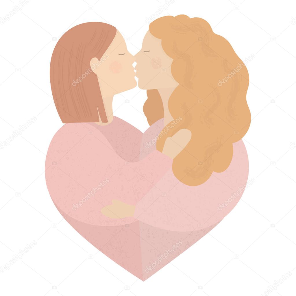 Lesbian couple. Two girls hug and kiss each other. LGBT pride. Valentines Day card design. Vector flat illustration for logo or print isolated on white background.