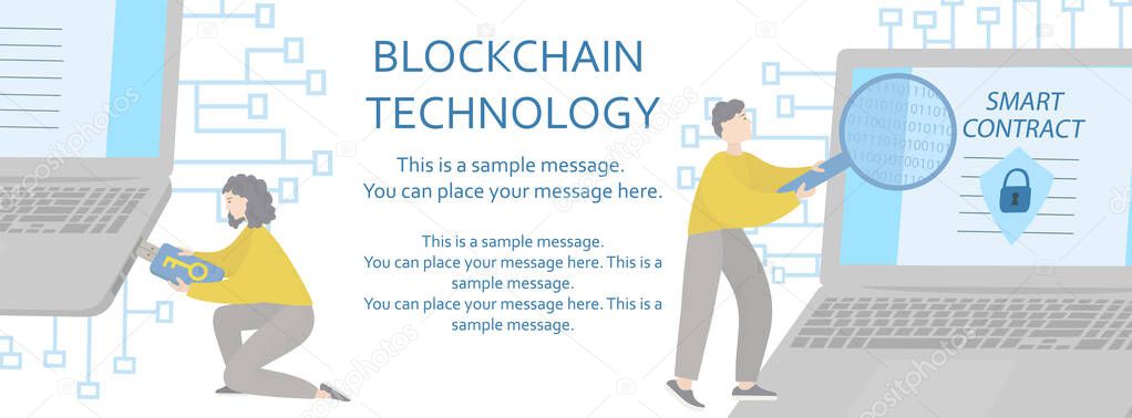 People with laptop sign smart contract. Blockchain technology, electronic documents and digital signature. Development of smart contracts. Vector flat horizontal banner for social networks or website.