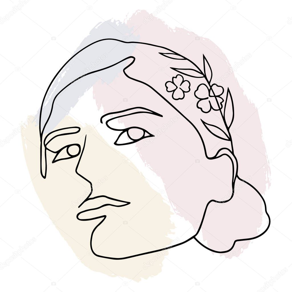 One line womans face art. Abstract spots of pastel colors on the background. Composition in contemporary style. Beautiful girl, design for poster or print. Vector hand draw illustration.