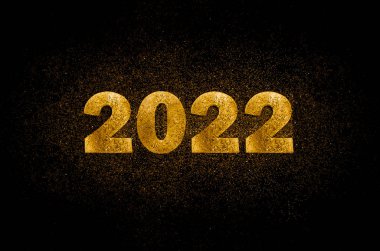 Gold numbers 2022 on black background with scattered sparkles. Horizontal New Year banner.