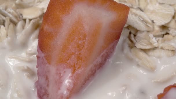 Zdrowe odżywianie. Owsianka i truskawki z jogurtem z bliska. Ekstremalne makro. — Wideo stockowe