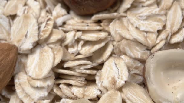 Nueces Primer Plano Avena Vídeo Detallado Ingredientes Una Dieta Saludable — Vídeo de stock