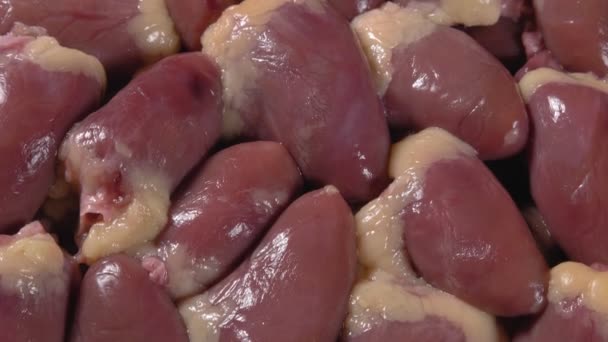 Un primer plano de los corazones de pollo. Ingrediente cárnico. — Vídeo de stock