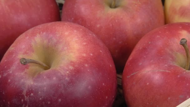 Manzanas rojas de cerca. La fruta madura sobre el heno. — Vídeos de Stock