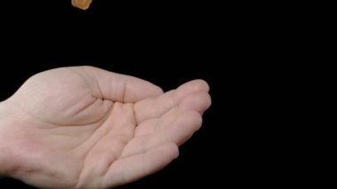 Kuru üzümler siyah arka planda ele dökülür. Süper yavaş çekim..