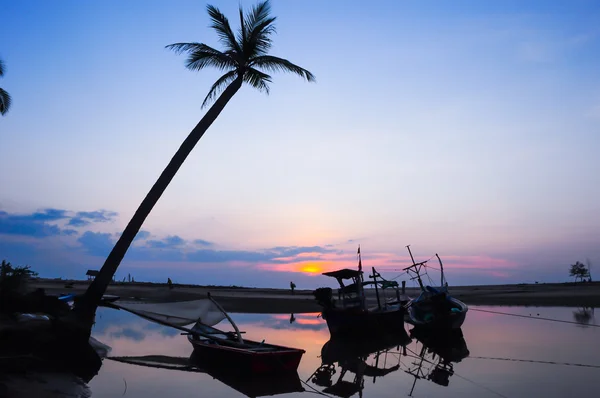 Silhouetten von Kokospalmen am Strand und Sonnenuntergang — Stockfoto