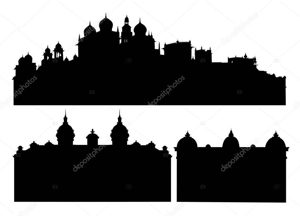 set of silhouettes of buildings with towers domes and spires vector illustration