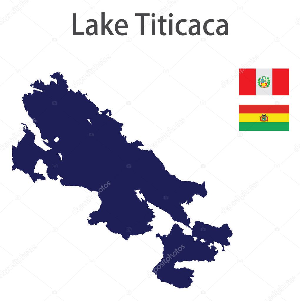silhouette of a large world lake, the Titicaca, with the flags of the countries in which it is located vector illustration