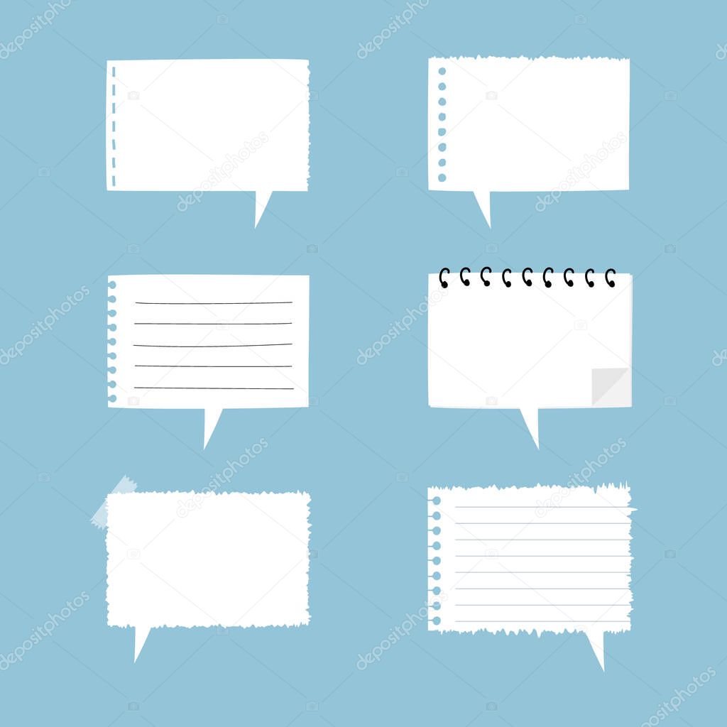 set of cute hand drawn, blank torn ripped paper sheet sticky note pad with tape, speech bubble balloon think, speak, talk, text box banner, flat design vector illustration