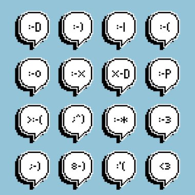 Retro oyun seti 8 bit piksel emoji, konuşma balonu, metin kutusu, gölgeli siyah beyaz renk, ifade simgesi konsepti, düz tasarım vektör çizimi