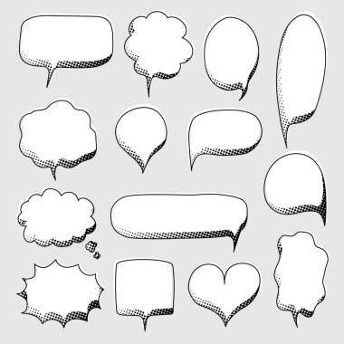 koleksiyon el çizimi pop polka yarım ton, boş konuşma balonu, siyah beyaz renk, bağır, düşün, konuş, metin kutusu, afiş, düz, tasarım, vektör çizimi